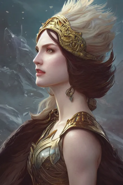 Image similar to a portrait of Norse queen, highly detailed, digital painting, artstation, concept art, sharp focus, illustration, art by artgerm and greg rutkowski and alphonse mucha