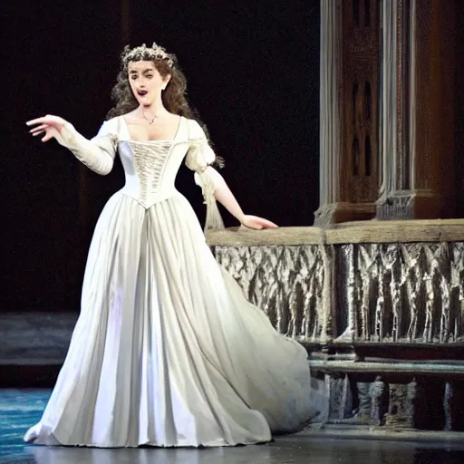 Image similar to phantom of the opera, christine daae singing think of me at the opera theatre in paris, christine daae wearing a beautiful white opera dress