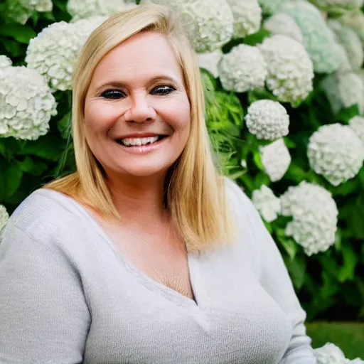 Prompt: 5 0 year old mildly overweight blonde woman, welcoming grin, wearing black, surrounded by hydrangeas, small white dog at her side, portrait, headshot, detailed, high quality