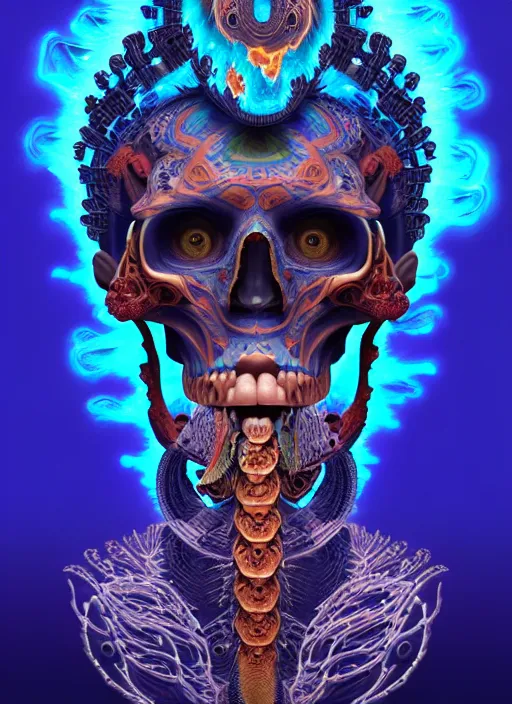 Image similar to 3 d shaman with tattoos profile portrait, sigma 5 0 0 mm f / 5. beautiful intricate highly detailed quetzalcoatl skull and feathers. bioluminescent, plasma, lava, ice, water, wind, creature, thunderstorm! artwork by tooth wu and wlop and beeple and greg rutkowski, 8 k trending on artstation,