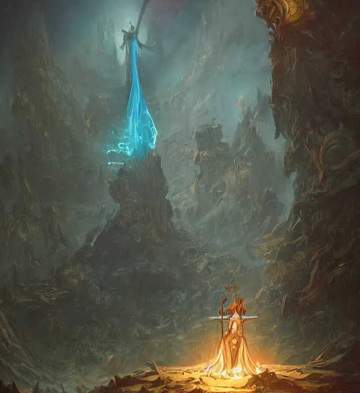 Image similar to full body illustration of a goddess, tarot card, dark souls colour scheme, establishing shot, coherent, high detailed, peter mohrbacher, kerem beyit, Karol Bak, Chris Cold, james gurney, dan mumford, featured on artstation