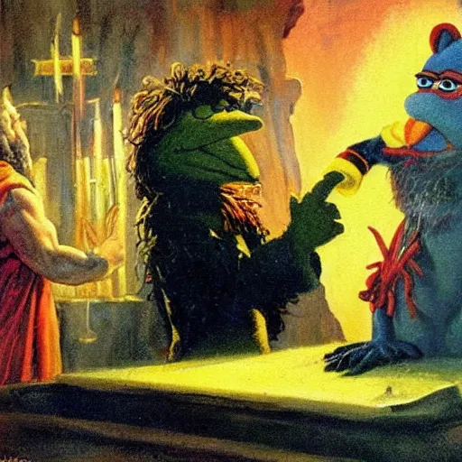 Prompt: Frank Frazetta painting of Bert the Muppet in high priest robes sacrificing Ernie the muppet on an altar.