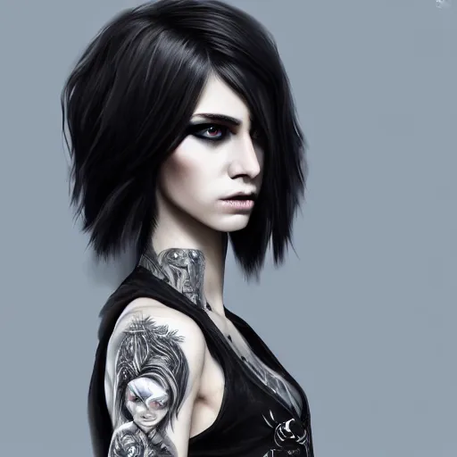 Prompt: ultra realistic style illustration of an androgynous gorgeous fae with shoulder length black hair pale skin and beautiful eyes wearing badass punk clothes, headshot, fantasy, intricate, elegant, highly detailed, digital painting, artstation, concept art, smooth, sharp focus, illustration, 8 k frostbite 3 engine, ultra detailed