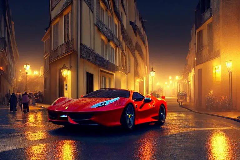 Image similar to a wholesome animation key shot of one focused ferrari, dynamic, on an ancient paris street, photo taken at night, wide shot, studio ghibli, pixar and disney animation, sharp, very detailed, high resolution, rendered in unreal engine 5, anime key art by greg rutkowski, overcast lighting, dark