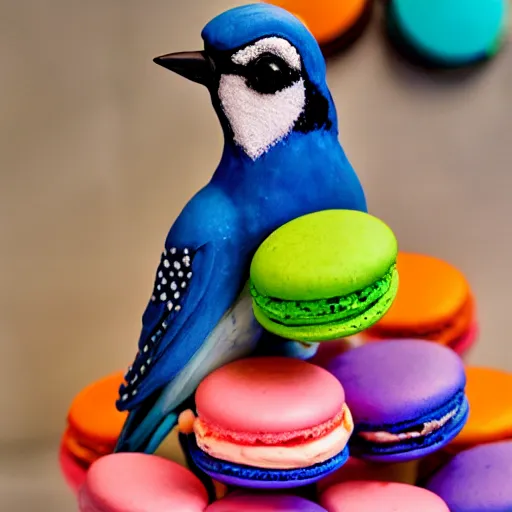 Image similar to a photo blue jay bird standing on a basket of rainbow macaron desserts.