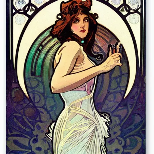 Image similar to female occult detective, painted by alphonse mucha