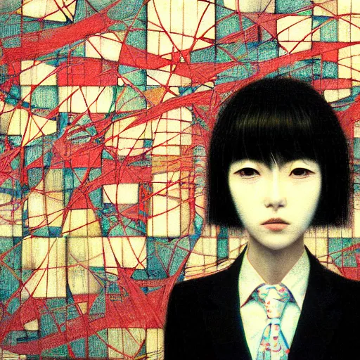 Image similar to yoshitaka amano blurred and dreamy realistic three quarter angle portrait of a young woman with short hair and black eyes wearing office suit with tie, junji ito abstract patterns in the background, satoshi kon anime, noisy film grain effect, highly detailed, renaissance oil painting, weird portrait angle, blurred lost edges