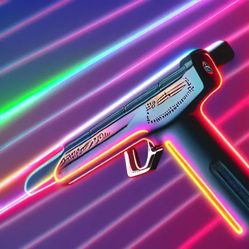 Prompt: handheld laser pistol, future outlined by whirling illuminated neon lines, outrun, vaporware, shaded flat illustration, digital art, trending on artstation, highly detailed, fine detail, intricate
