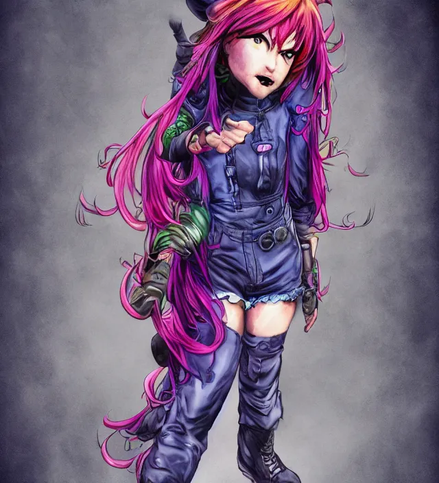 Image similar to full body pose, hd, manga anime portrait of a fairy girl in combat boots and overalls, rainbow hair, in ishikawa ken frank miller jim lee alex ross style detailed trending award winning on flickr artstation,