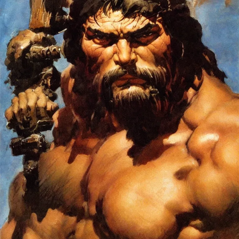Prompt: closeup portrait of a barbarian by frank frazetta, head facing directly front on