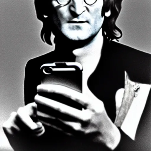 Image similar to a photo of john lennon holding a smartphone in his hand, high detailed