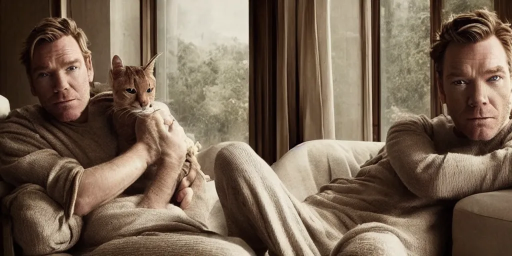 Image similar to ewan mcgregor is dressed to a pajamas. he is sitting on a sofa. on his lap is a brown cat. elegant. nice. epic scene. charismatic. light from window