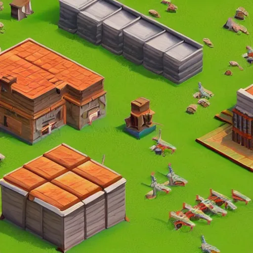 Prompt: Isometric building construction, low poly style like age of empires, hd