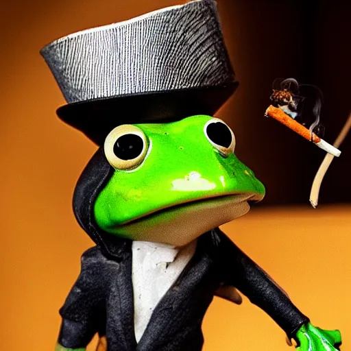 Image similar to a high detail closeup shot of a frog wearing a suit 👔,and smoking a cigarrette🚬