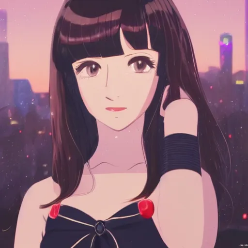 Prompt: a portrait of a beautiful girl with long black hair and bangs, wearing 1940's fashion, she has dark brown eyes and pale skin, she is facing towards the camera, city at nightime background, low-key neon lighting, 4k, HQ, official media, anime key visual, makoto shinkai, ilya kuvshinov, lois van baarle, rossdraws, detailed, trending on artstation