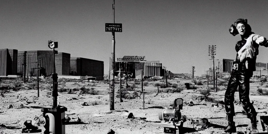 Image similar to portrait of irradiated post apocalyptic nuclear wasteland 1950s future las vegas strip black and white award winning photo highly detailed Arriflex 35 II, lighting by stanley kubrick