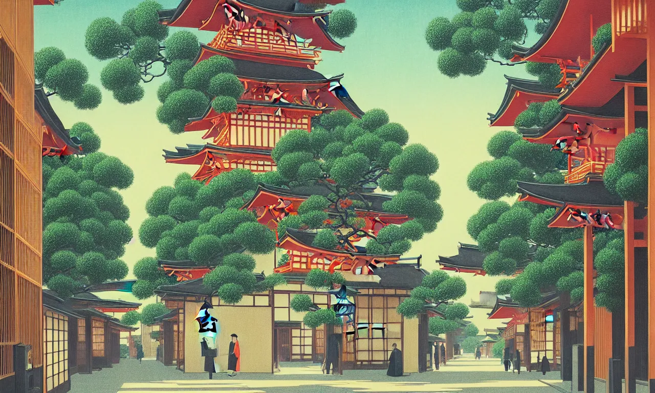 Prompt: an achingly beautiful print of a quiet street in Kyoto Japan with temples and plants, water fountains, magical details, by Raphael, Hopper, and Rene Magritte. detailed, romantic, enchanting, trending on artstation.