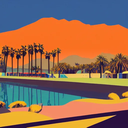 Image similar to a beautiful illustration of palm springs by James gilleard, color olive, color tangerine, artstation HD, geometric lines, HD, 4k, 8k