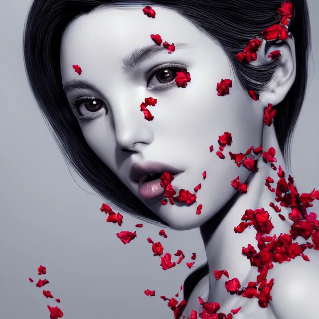 Prompt: studio portrait absurdly beautiful, elegant, graceful, hypercolorful contrast sensual young gravure idol rubies red petals gems, ultrafine hyperrealistic detailed face illustration by kim jung gi, irakli nadar, intricate linework, sharp focus, bright colors, matte, octopath traveler, final fantasy, unreal engine highly rendered, global illumination, radiant light, intricate environment