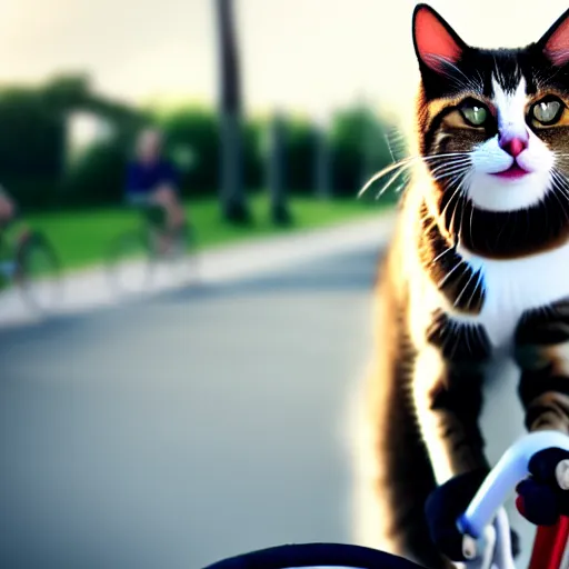 Image similar to cat using bicycle, photo realistic, realistic lighting, realistic shadows, 4 k, riding a bike, cat riding a bicycle