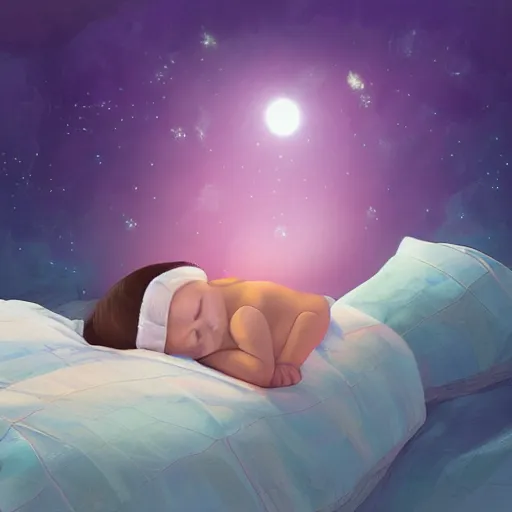 Prompt: A wide shot of a child asleep in bed, their dream hovering over their head like a hologram, beautiful digital painting