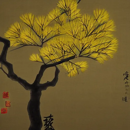 Prompt: Detailed painting of a ginkgo tree, shining its light among lanterns, Chinese painting style