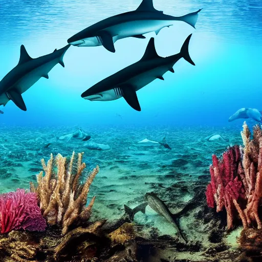 Image similar to hyperrealistic underwater photography, panoramic picture of an ocean floor with in the distance are some hammerhead sharks. focus on the sharks. the sharks are anatomically correct and highly detailed. lots of bubbles. seaweed and some rocks. gloomy scattered light entering from the water surface, trending on artstation, hq, 8 k