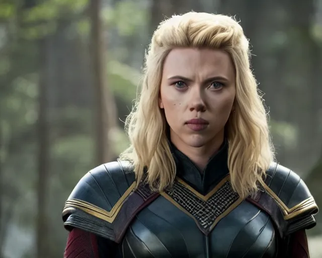 Image similar to scarlett johansson, in starfleet uniform, playing lagertha in a scene from the tv series vikings