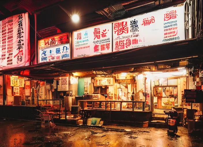 Prompt: exterior of an open cyberpunk ramen place during a rainy night