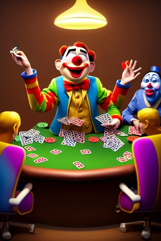 Image similar to pixar clown sitting at a poker table with serious people, clown is screaming, angry | glamorous oily soft polished rich ornate modern | weta disney pixar movie still photo | hi - fructose, sci fi fantasy, smooth, octane render, sharp focus, artstation, concept art | artgerm, mucha, rutkowski, feng zhu, wlop, loish