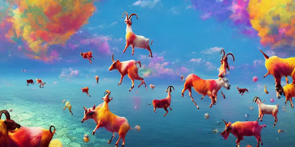 Prompt: Floating goats on LSD over a technicolor ocean, Darek Zabrocki, Karlkka, Jayison Devadas, Phuoc Quan, trending on Artstation, 8K, ultra wide angle, pincushion lens effect.