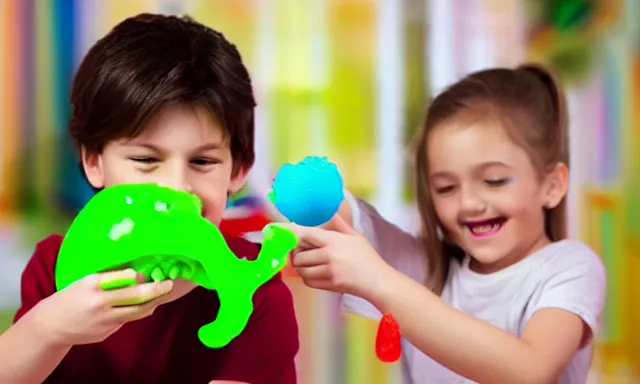 Prompt: kid playing with slime monster, realistic, toy commercial photo
