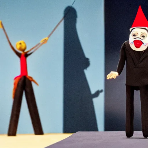 Image similar to string marionette of a president with clown makeup in a podium and a human shadow behind