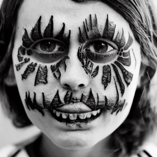 Image similar to symmetrical, close up face portrait of cannibal shoa labouf, covered in sesame street tattoos, studio lighting, depth of field, photography, black and white, highly detailed