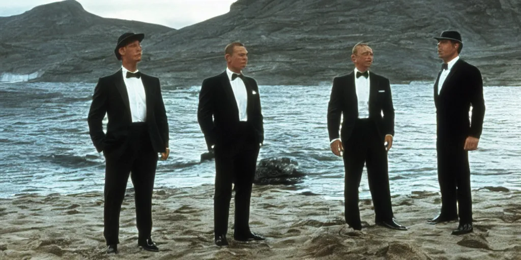 Image similar to Still of a James Bond movie with Daniel Craig as James Bond and Sean Connery as the father of James Bond. Sean Connery wears a fisherman hat and looks disapprovingly at Daniel Craig