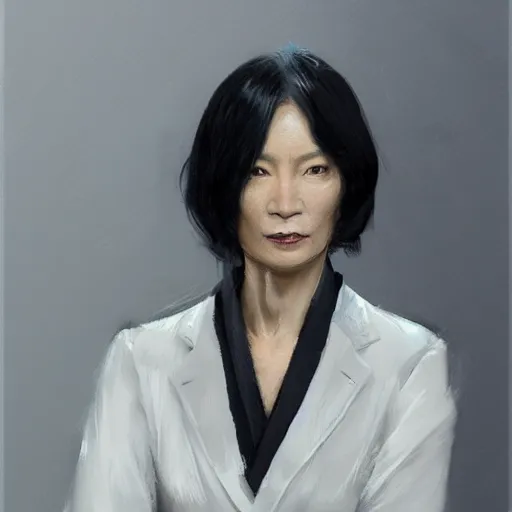 Image similar to Portrait of a woman by Greg Rutkowski, she is about 50 years old, japanese, black straight hair, attractive, elegant, airs of superiority, boss vibes, she is wearing white and black utilitarian jumpsuit, highly detailed portrait, scifi, digital painting, artstation, concept art, smooth, sharp foccus ilustration, Artstation HQ.
