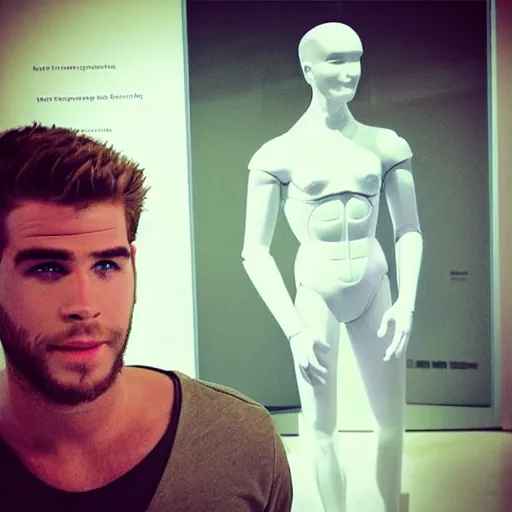 Image similar to “a realistic detailed photo of a guy who is an attractive humanoid who is half robot and half humanoid, who is a male android, actor Liam Hemsworth, shiny skin, posing like a statue, blank stare, at the museum, on display”