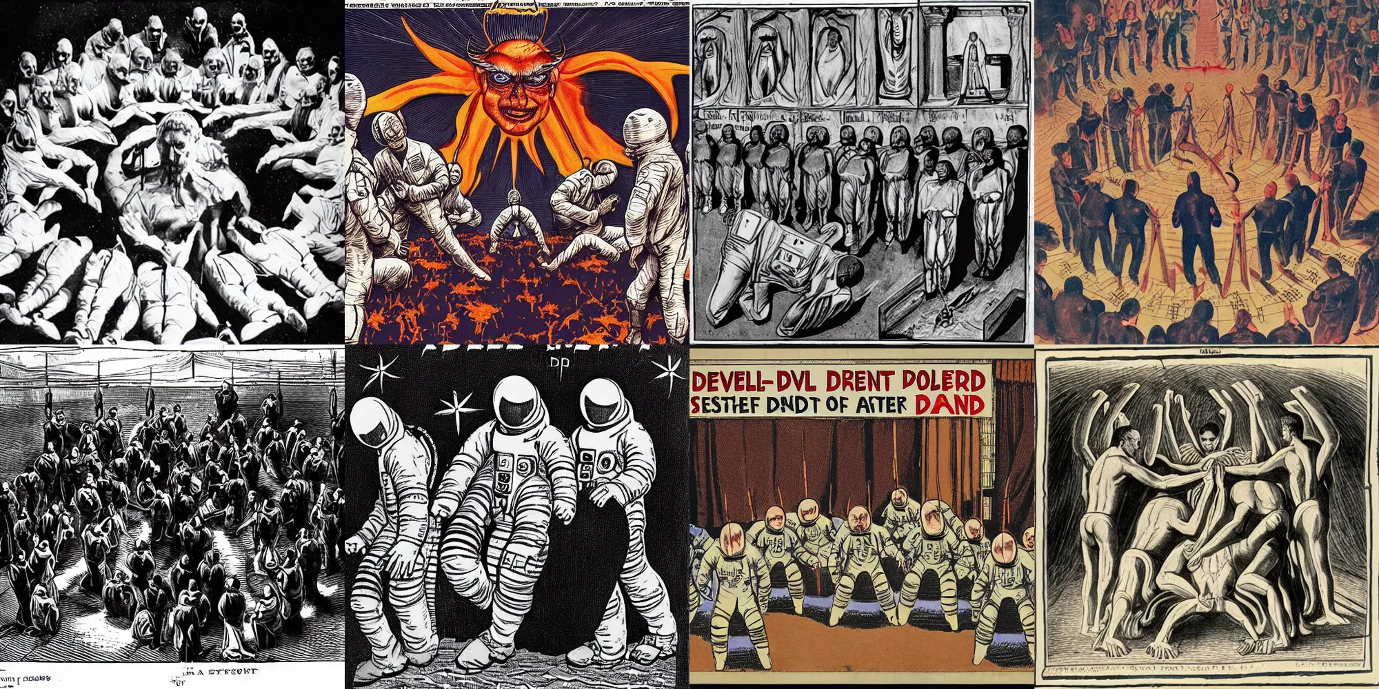 Prompt: Devil is preceded by a hall of bisected astronauts with their hands joined in prayer