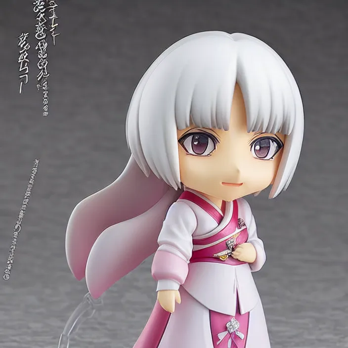 Image similar to a japanese princess young lady, with white hair and bangs!!!! AYAKA, An anime Nendoroid of [Character Here], figurine, detailed product photo