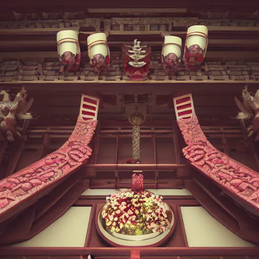 Image similar to shintoist temple interior, detailed, jewelry, sakura,photograph, award wining, red and white, trending on artstation, 4k, unreal engine 5, octane render, neon highlights