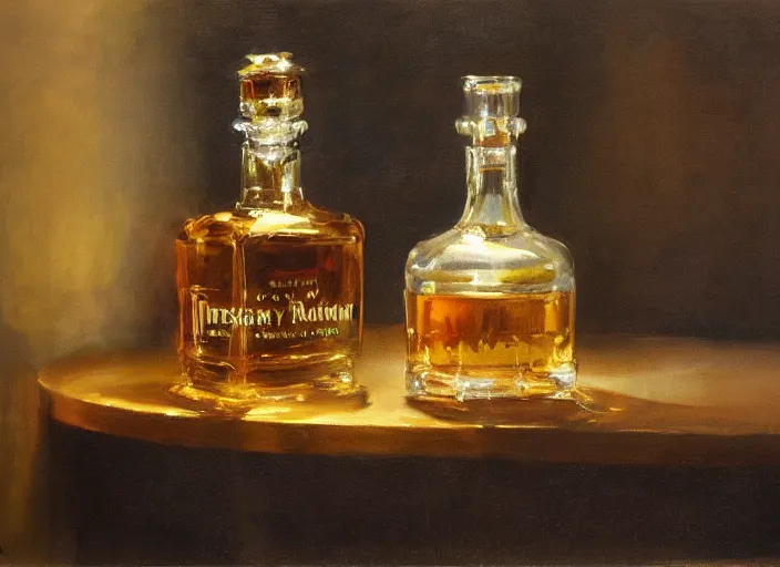 Prompt: oil painting of whiskey bottle, art by anders zorn, wonderful masterpiece by greg rutkowski, beautiful cinematic light, american romanticism by greg manchess, creation by tyler edlin