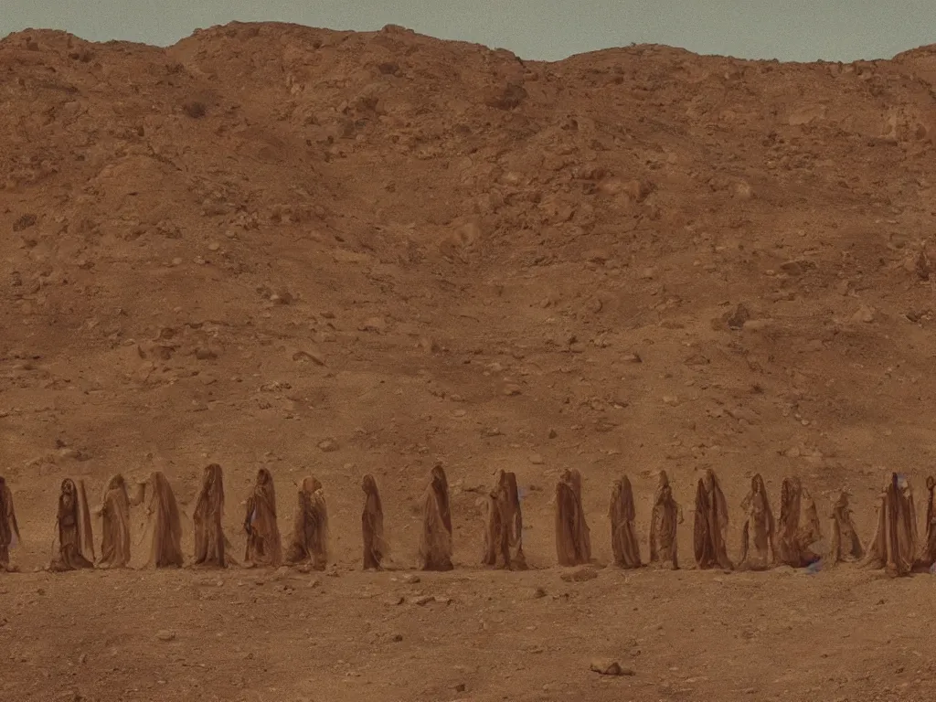 Prompt: the line of glowing bene gesserit people in full - face golden masks in a dry rocky desert landscape with ancient abandoned city beneath the sand and giant alien spaceship in smoke and fire by christopher doyle and alejandro jodorowsky, anamorphic lens, kodakchrome, cinematic composition, very detailed photo, 8 k,