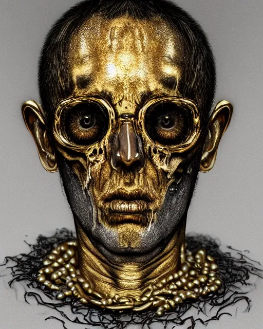 Image similar to realistic portrait of a dead man, dark art, gold, silver ornaments, facing camera, photo realistic, detailed, 1 4 5 0, delicate, hyper realism, ultra realistic, 8 k