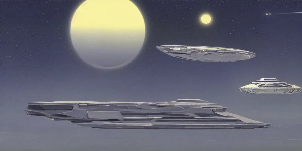 Image similar to futuristic skyline, spaceship, two moons, Ralph McQuarrie