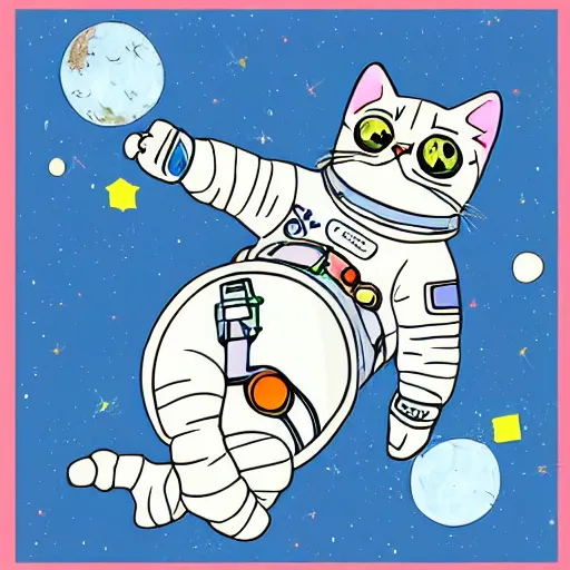 Prompt: a cat wearing a space suit while floating in space, digital art