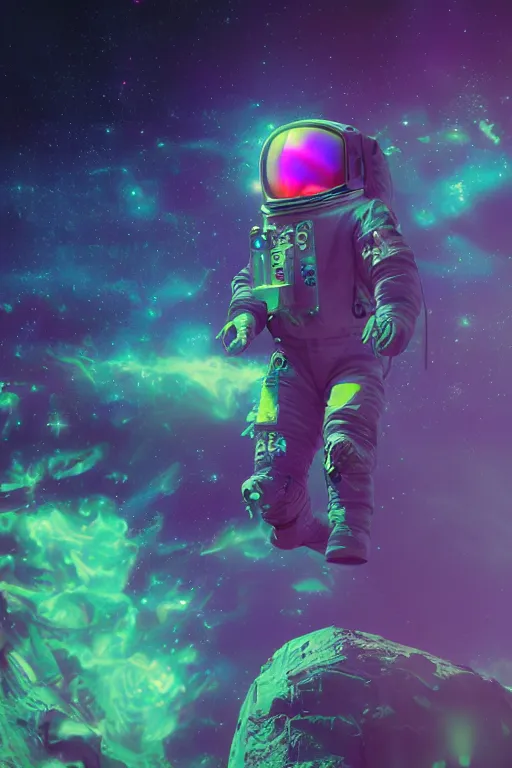 Image similar to psychedelic astronaut letting go of reality and experiencing the quantum feild, matte painting comic book art, cinematic, highly detailed, realistic, beautiful cosmic neural network, octane render, unreal engine, depth of field, trending on artstation, sharp focus, philosophical splashes of colors