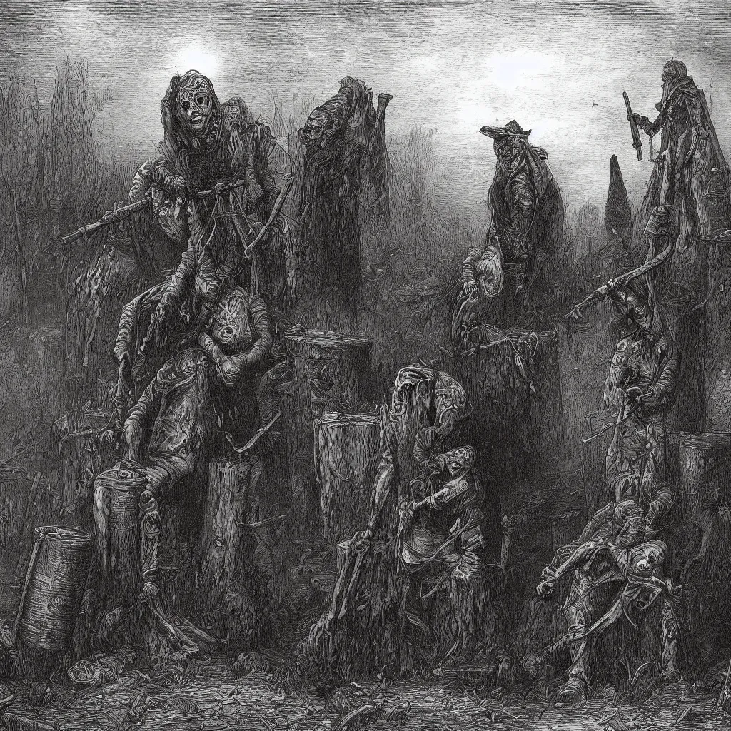 Image similar to nine steel barrels in a graveyard with 2 zombies, creepy atmosphere, dark, portrait, realistic, very realistic, illustration by gustave dore