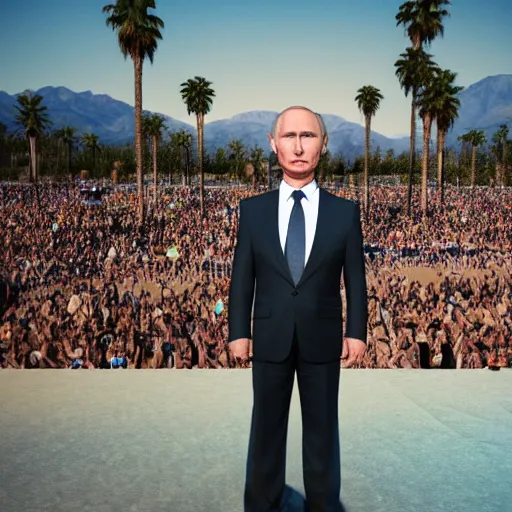 Prompt: hyperrealistic film still of vladimir putin at coachella, stunning 3 d render, dim volumetric cinematic lighting, 8 k octane comprehensive render, extremely hyper - detailed, incredibly lifelike attributes, intricate, real flesh texture, masterpiece