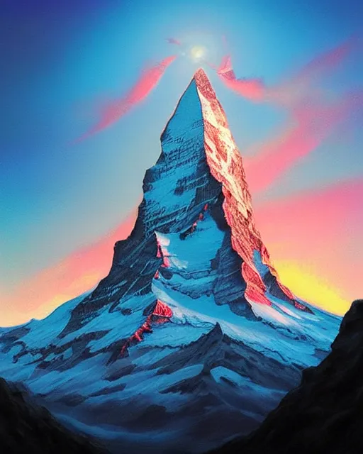 Image similar to the matterhorn, sunset, hyper realistic, artstation, illustration, nicoletta ceccoli, mark ryden, lostfish, dan decarlo, bob clampett, max fleischer, digital paint, matte paint, vivid colors, detailed and intricate environment