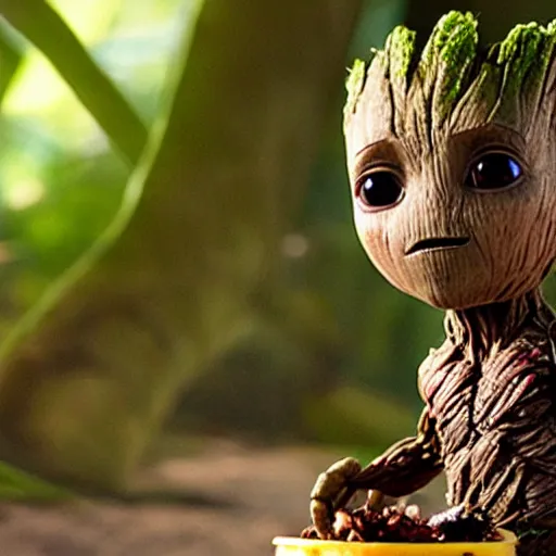 Prompt: baby groot eating banana on island in jungle